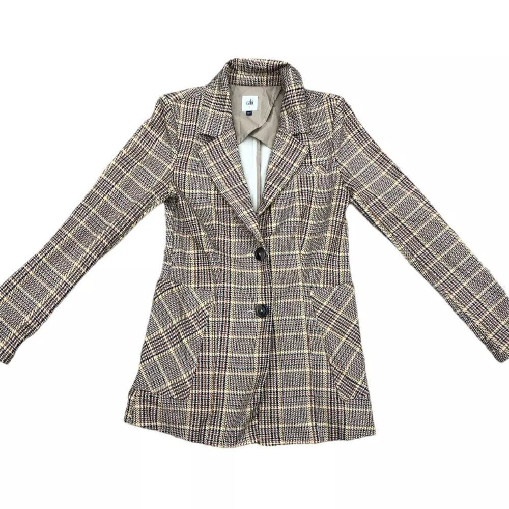 CAbi Plaid Blazer Jacket Coat Women's 2 Rayon Nylon Long Sleeve Pockets​​​​